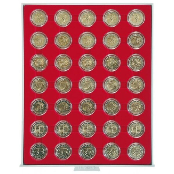 Münzenbox Standard für 35 Münzen bis 32 mm, hellgrau / rote Einlage