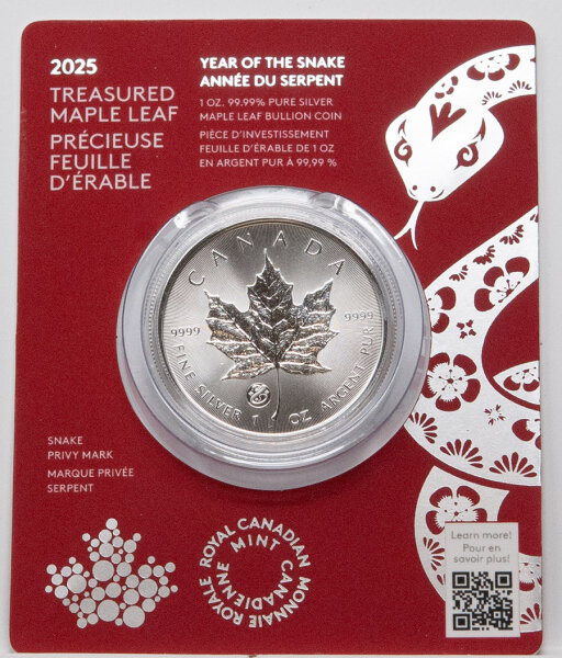 Kanada 5 Dollar 2025 - Treasured Maple Leaf - Lunar Schlange - 1 oz. Silber