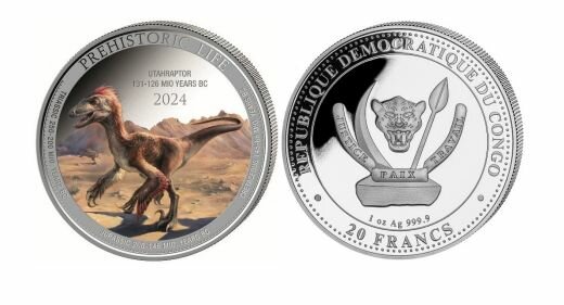 Kongo 20 Francs 2024 - Prehistoric Life II - #3 - Utahraptor - coloriert