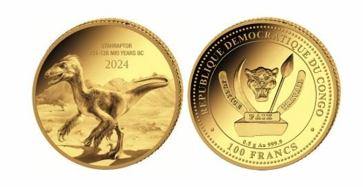 Kongo 100 Francs 2024 - Prehistoric Life II. #3 - GOLD - Utahraptor