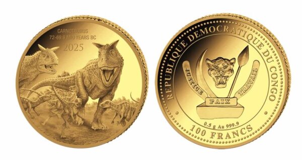 Kongo 100 Francs 2025 - Prehistoric Life II. #4 - GOLD - Carnotaurus