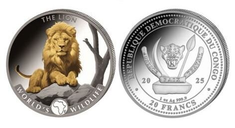 Kongo 20 Francs 2025 - World´s Wildlife - Löwe / Lion - vergoldet