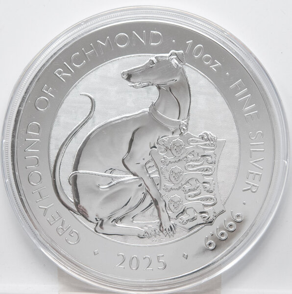 10 Unzen Silbermünze mit dem Greyhound of Richmond aus der Tudor Beasts Serie