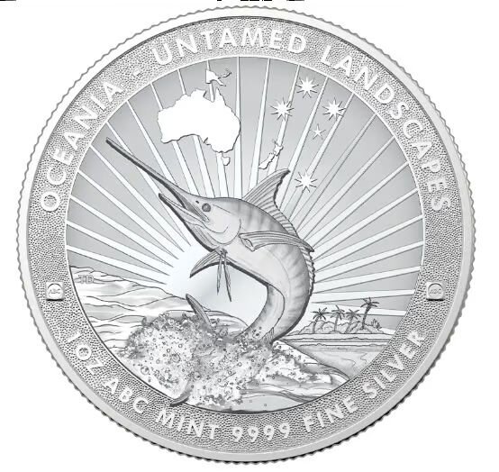 Runde Münze mit geprägtem Segelfisch-Motiv, Spiegelnder Hintergrund mit matten Reliefs.