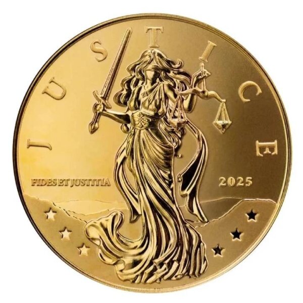 „Goldmünze Niue 2025 „Lady Justice“ 1/10 Unze .9999: Lady Justice mit Augenbinde, Waage und Schwert, Inschrift JUSTICE und FIDES ET JUSTITIA, Jahreszahl 2025; Rückseite Niue Wappen, goldfarben.“