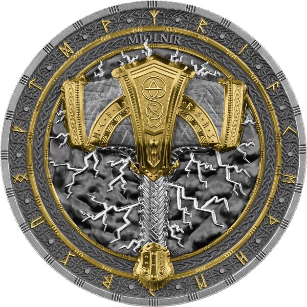 Silbermünze „Mjölnir“ aus der Artefacts-Serie 2025, Vorderseite mit Relief des Thorshammers, Rückseite mit Germania-Wappen und Nennwert.