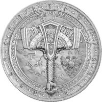 Silbermünze „Mjölnir“ aus der Artefacts-Serie 2025, Vorderseite mit Relief des Thorshammers, Rückseite mit Germania-Wappen und Nennwert.