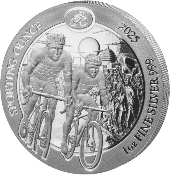 Rwanda Sporting Ounce® 2025 Silbermünze, 1 oz (31,1 g) BU, 40 mm, zeigt Radrennfahrer-Motiv zur WM 2025, Vorderseite mit Wappen Ruandas.