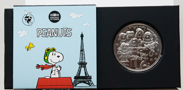 Silbermünze Frankreich 2025 100 Euro Peanuts Snoopy & Freunde feiern Geburtstag mit Geschenken und Woodstock, Silber 900 ‰, 45 g, Uncirculated Qualität, Aufschrift République Française.