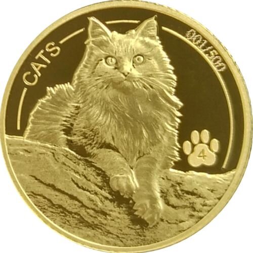 Fiji Cats 2025 Goldmünze 1/10 oz, Prooflike, Katzenmotiv, Nominal 50 Cents, limitierte Auflage.