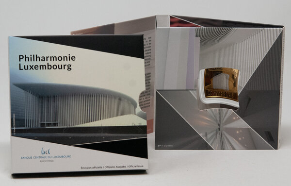 2,5-Euro Gedenkmünze Luxemburg 2025 mit Darstellung der Philharmonie Luxembourg, in Proof-Qualität.