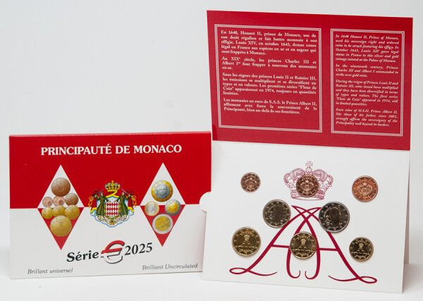 KMS Monaco 2025 BU im offiziellen Folder/Blister mit neuen Münzmotiven und Porträt von Fürst Albert II.