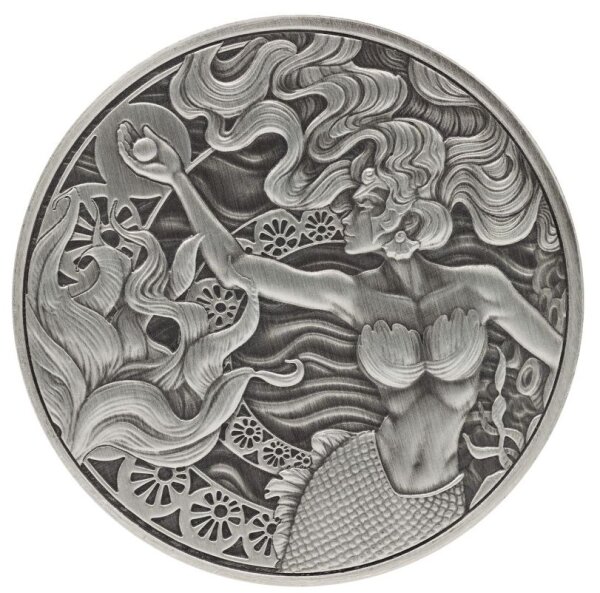 Silbermünze Samoa 2025 Mermaid & Pearl 1 Unze mit Antique Finish – reliefbetontere Darstellung durch Patinaeffekt.“