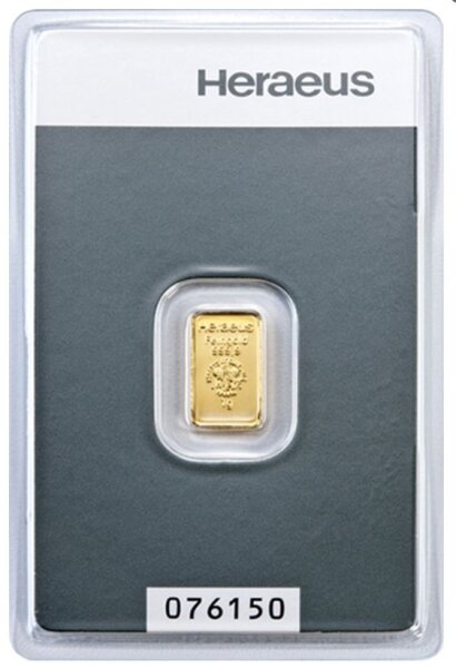 Goldbarren Heraeus / Argor-Heraeus 1 g im Blister / Safepack mit Aufdruck „Au 999,9“, Maße 31,5 × 18,5 × 1,0 mm