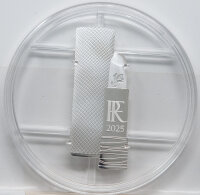 Silbermünze Frankreich 10 Euro 2025 – Lancôme Lipstick Shape, diagonale Form eines Lippenstifts mit Motiven des Markenlogos, Proof-Oberfläche.