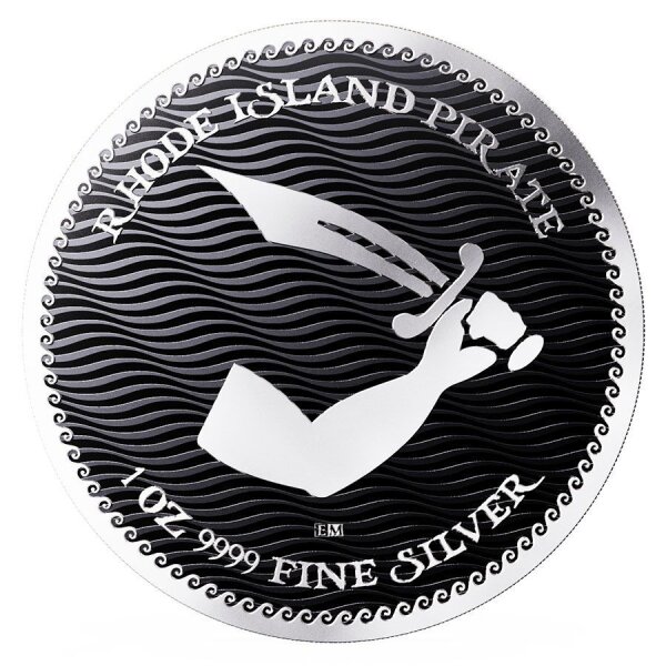 Silbermünze Niue 2025 Jolly Roger Series 1 Unze BU – Motiv: Rhode Island Pirate mit Jolly-Roger-Flagge, Peripherien nautischer Elemente, Nominal $2 NZD.