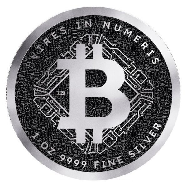 Silbermünze Niue 2025 Bitcoin, 1 Unze, BU Qualität, in transparentem Schutzgehäuse – Motiv: Bitcoin-Logo auf Rückseite, Wappen Niue auf Vorderseite.
