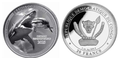 Silbermünze Republik Kongo 2025 – Megalodon 1 Unze BU – Darstellung eines Megalodons mit offenem Maul, gerändelte Kante, Ø 38,61 mm.