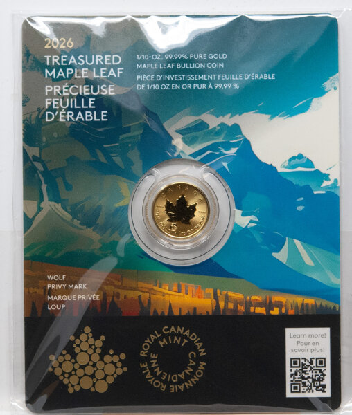 Goldmünze Kanada 2026 Treasured Maple Leaf 1/10 Unze mit Wolf Privy Mark – Ahornblattmotiv auf der Rückseite, Porträt von King Charles III auf der Vorderseite, feingravierte Details.