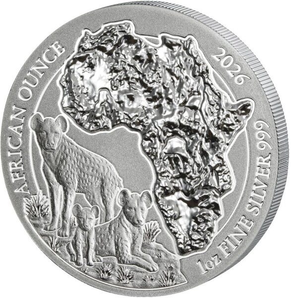 Silbermünze Ruanda 2026 African Ounce – Motiv: Tüpfelhyäne in dynamischer Pose, mit Umriss Afrikas und Savannenelementen, BU Qualität.