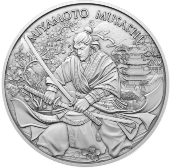 Miyamoto Musashi Silber Round – Motiv Vorderseite mit Samurai in Kampfpose