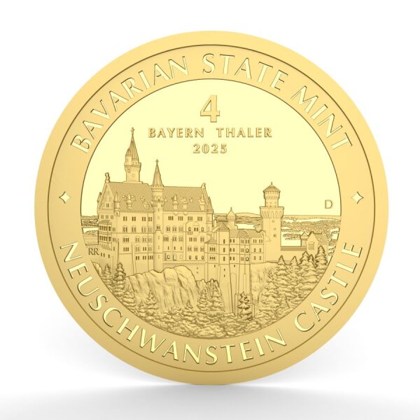 4 Bayern Thaler Goldmünze – Schloss Neuschwanstein Motiv, fein gravierte Architektur, Prägeinschrift