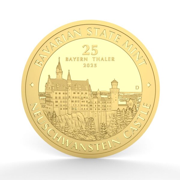 25 Bayern Thaler Goldmünze – Schloss Neuschwanstein Motiv, fein gravierte Architektur, Prägeinschrift