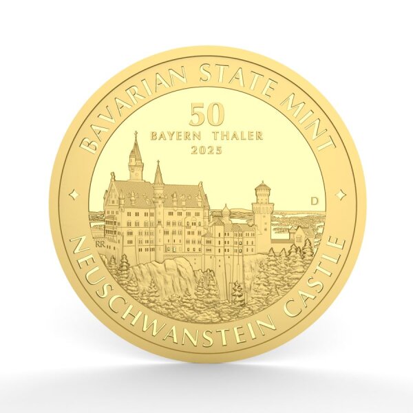 50 Bayern Thaler Goldmünze – Schloss Neuschwanstein Motiv, fein gravierte Architektur, Prägeinschrift