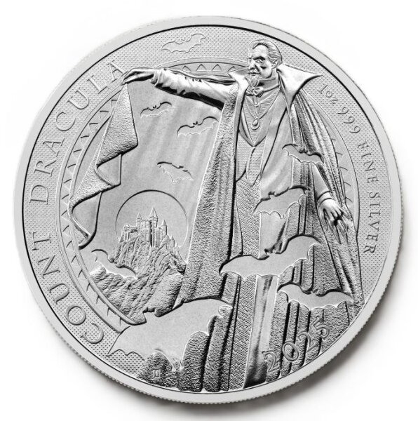 Rückseite der Münze mit Design von Count Dracula in gotischer Umgebung, Fledermäuse und Schlossmotive, Inschriften ‘1 oz Fine Silver 999
