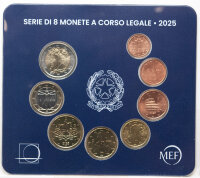 Nahaufnahme der italienischen Umlaufmünzen 2025 von 1 Cent bis 2 Euro in prägefrischer Qualität