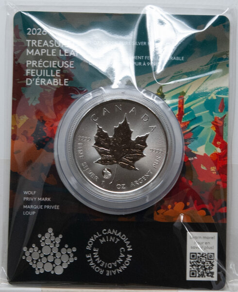 Kanada 2026 5 CAD Treasured Silver Maple Leaf Wolf Privy Mark – 1 Unze Silbermünze mit Ahornblatt-Motiv und Wolf-Privy, Durchmesser 38 mm, limitiert, Premium Verpackung.