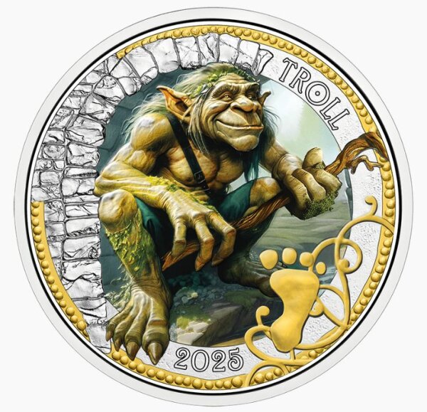 3 Euro-Münze Österreich 2025 „Der Troll“ – farbig gestalteter Troll vor einer Steinbrücke mit vierzehigem Fußabdruck und goldenen Ornamenten; Durchmesser 34 mm, Material CuNi, limitiert auf 65.000 Stück.