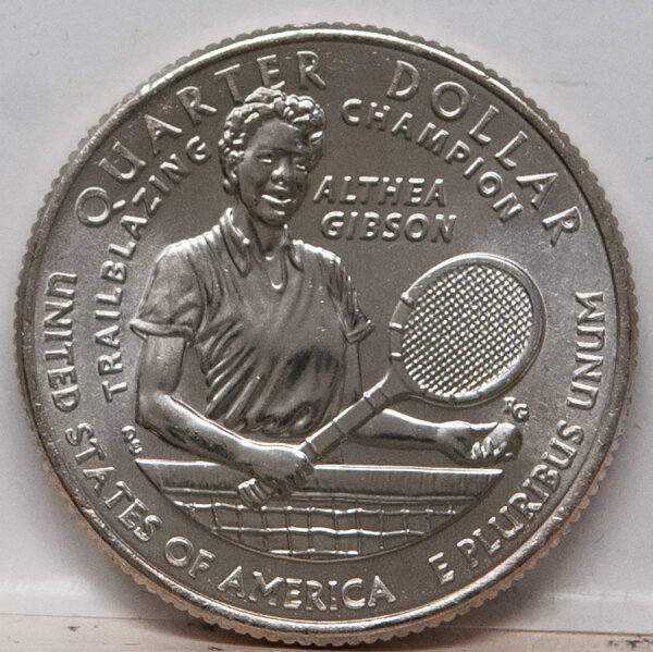Münze USA 25 Cent 2025 American Women Quarters #14 Althea Gibson – Vorderseite mit George Washington, Rückseite zeigt Althea Gibson mit Tennisschläger und Ball vor einem Tennisnetz.