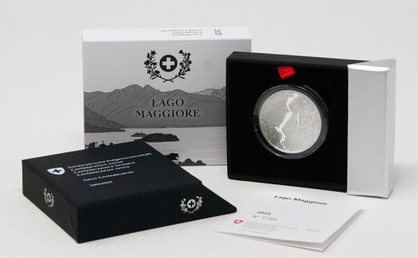 Münze Schweiz 20 Franken 2025 „Lago Maggiore“ Polierte Platte – Vorderseite zeigt Seeansicht, Rückseite Symbol Wasserturm Europa.