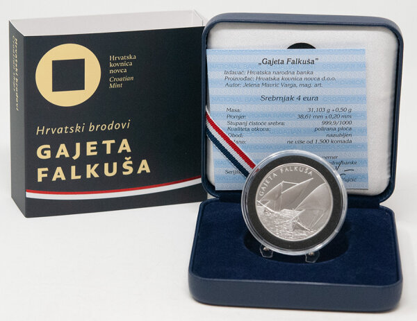 Münze Kroatien 4 Euro 2025 „Gajeta Falkuša“ Silber Proof – Vorderseite zeigt zwei Gajeta-Falkuša-Boote in Fahrt, Rückseite zeigt Kastell von Komiža und drei erhaltene Falkuša-Boote