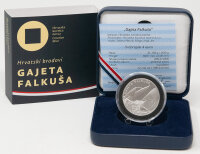 Münze Kroatien 4 Euro 2025 „Gajeta Falkuša“ Silber Proof – Vorderseite zeigt zwei Gajeta-Falkuša-Boote in Fahrt, Rückseite zeigt Kastell von Komiža und drei erhaltene Falkuša-Boote
