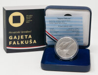 Münze Kroatien 6 Euro 2025 „Gajeta Falkuša“ Silber Proof – Vorderseite zeigt zwei Falkuša-Boote auf offener See, Rückseite Kastell von Komiža und drei erhaltene Falkuša-Boote.