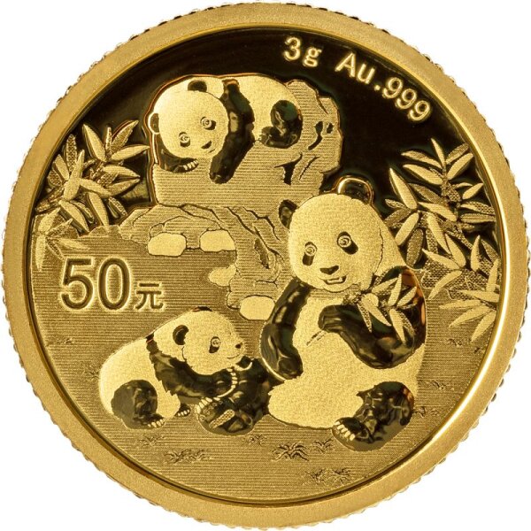 Münze China 50 Yuan 2026 Gold Panda – Goldmünze 3 g Feingold, Pandamotiv auf der Rückseite, Vorderseite Himmelstempel Peking.“