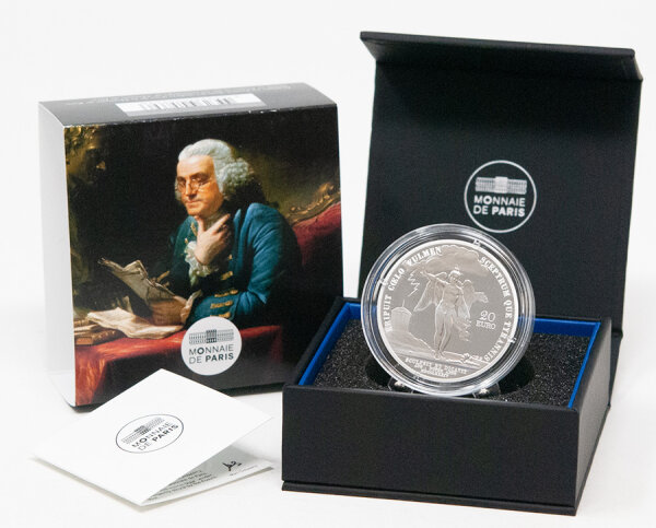 Münze Frankreich 20 Euro 2025 Benjamin Franklin – Silber 999 / 31,1 g, Ø 37 mm, Darstellung von Benjamin Franklin mit geflügeltem Genius, Monnaie de Paris