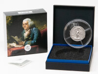 Münze Frankreich 25 Euro 2025 „Benjamin Franklin & le Génie ailé“ – Silber 999, Gewicht ca. 62,2 g, Ø 41 mm, Darstellung von Benjamin Franklin und geflügeltem Genius.