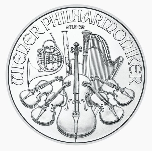 Münze Österreich 1,50 Euro 2026 „Wiener Philharmoniker“ – Silber 999/1000, 31,10 g, Ø 37 mm, Instrumente-Motiv und Orgel des Wiener Musikvereins.