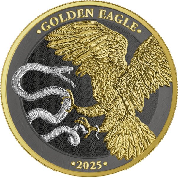 Malta Golden Eagle 30 Euro 2025 – 1 Kilogramm Silbermünze Silber 999,9, Ø 100 mm, Variantenveredelung Ruthenium & Gelbgold, Ausgabe der Germania Mint.